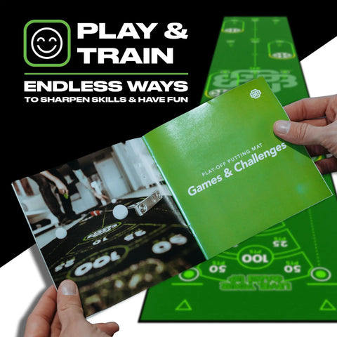 Person holding a brochure above the Ten Foot Green Golf Putting Mat With Realistic Surface For Indoor And Outdoor Training Boost Distance Control And Accuracy At Home Great Gift For Christmas And Golf Enthusiasts