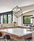 Geometric Black Chandelier With Chrome Finish Vintage Mid Century Modern 3 Light Farmhouse Ceiling Light Fixture For Dining Room Kitchen Island Or Bedroom Retro Rustic Style Sleek hangs over a kitchen island.