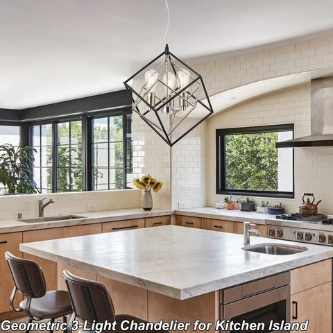 Geometric Black Chandelier With Chrome Finish Vintage Mid Century Modern 3 Light Farmhouse Ceiling Light Fixture For Dining Room Kitchen Island Or Bedroom Retro Rustic Style Sleek hangs over a kitchen island.