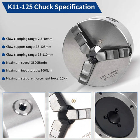 125mm three jaw self centering lathe chuck kit image with specifications visible, showing clamping and support ranges.