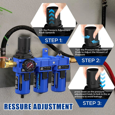 Three Eighths Inch NPT Air Compressor Water Separator Filter Regulator Lubricator Combo with brass filter and pressure adjustment steps