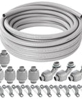 1/2 Inch Flexible PVC Liquid Tight Electrical Conduit Kit With 50 Feet Of Non Metallic Outdoor Grey Wire Raceway, Includes 5 Couplings, 3 Elbows And 10 Straps, Sealtight Flex For Outdoor Lighting, HVAC And More