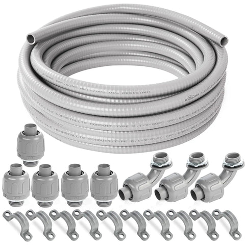 1/2 Inch Flexible PVC Liquid Tight Electrical Conduit Kit With 50 Feet Of Non Metallic Outdoor Grey Wire Raceway, Includes 5 Couplings, 3 Elbows And 10 Straps, Sealtight Flex For Outdoor Lighting, HVAC And More