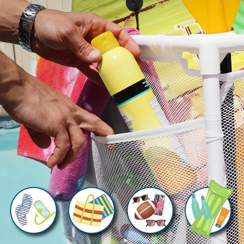 Person placing sunscreen bottle in Weather Resistant Pool Storage Organizer Bin With Mesh Rolling Double Deck Rack Noodle Holder For Noodles Toys Balls And Floats Large Outdoor Pool Gear Storage White 35.3 Inches Wide 23 Inches Long 59.4 Inches High.