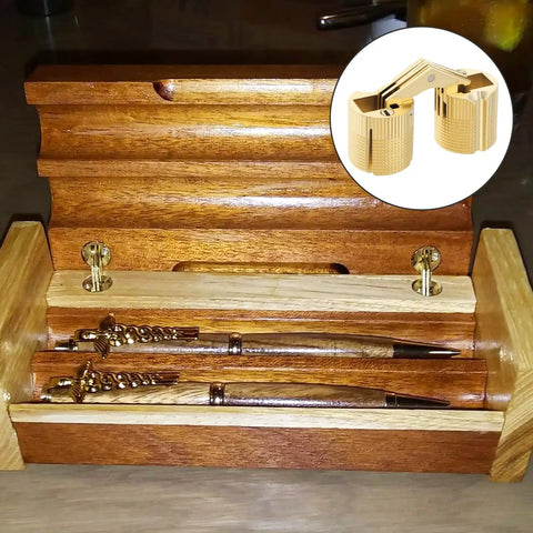 Eight Piece Set Of Eighteen Millimeter Concealed Brass Barrel Hinges Delivering A Full One Eighty Degree Swing For Cabinet Doors And Wood Furniture With Easy Mounting And Tough As Nails Construction in wooden display.