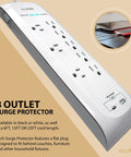 Flat Plug Eight Outlet Surge Protector Power Strip With USB C And USB A Ports, 4200 Joules, 6 Foot Heavy Duty Cord, angled view