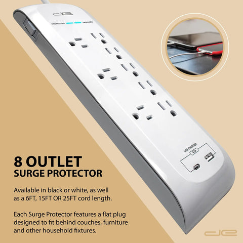 Flat Plug Eight Outlet Surge Protector Power Strip With USB C And USB A Ports, 4200 Joules, 6 Foot Heavy Duty Cord, angled view
