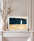 Sailboat And Landscape Illustration Print Set In White Frame - Abstract Seascape Poster With Ocean And Land Watercolor, Minimalist 8x10 Wall Art For Home Decor, Ready To Hang on mantlepiece