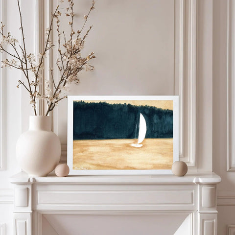 Sailboat And Landscape Illustration Print Set In White Frame - Abstract Seascape Poster With Ocean And Land Watercolor, Minimalist 8x10 Wall Art For Home Decor, Ready To Hang on mantlepiece