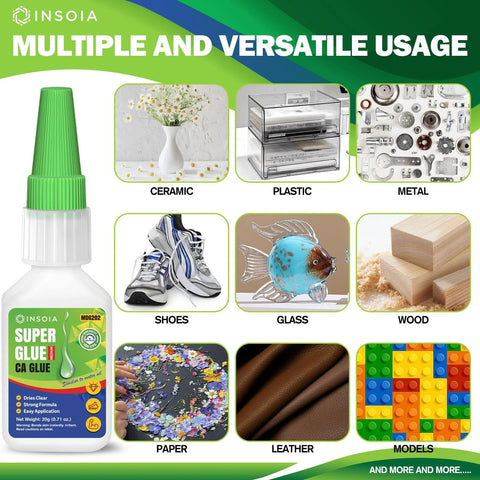 INSOIA 20g CA glue bottle with green cap; medium-viscosity cyanoacrylate adhesive for wood, plastic, metal.