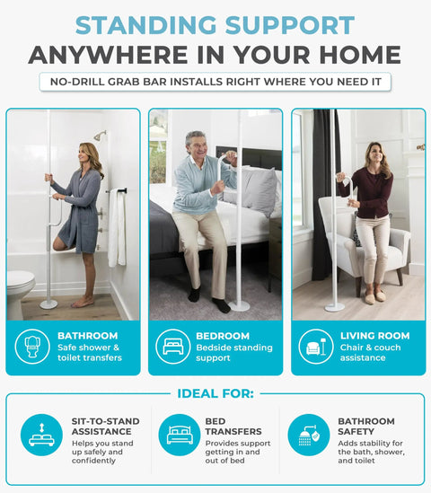 Floor To Ceiling Grab Bar With Single Handle No Drill Tension Mounted Transfer Pole for seniors in various home settings