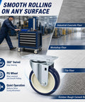 Premium 5 Inch Caster Set Brings Rollin Smooth Moves To Your Workflow Using Silent Nonmarking Polyurethane Wheels on various surfaces