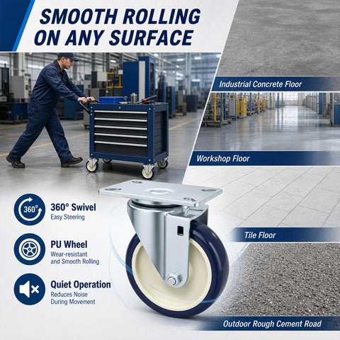 Premium 5 Inch Caster Set Brings Rollin Smooth Moves To Your Workflow Using Silent Nonmarking Polyurethane Wheels on various surfaces