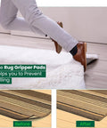 Non Slip Rug Pads 12 Pack Gripper For Hardwood Floors Tile And Wood Under Rugs Carpet Tape Reusable Washable Adhesive Stickers 2mm Easy Install Residue Free, showing foot on secured rug.