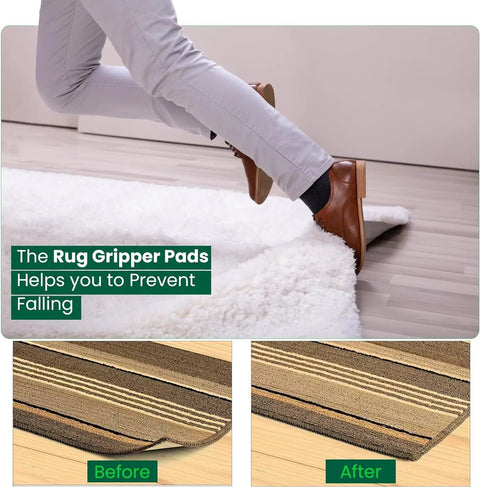 Non Slip Rug Pads 12 Pack Gripper For Hardwood Floors Tile And Wood Under Rugs Carpet Tape Reusable Washable Adhesive Stickers 2mm Easy Install Residue Free, showing foot on secured rug.