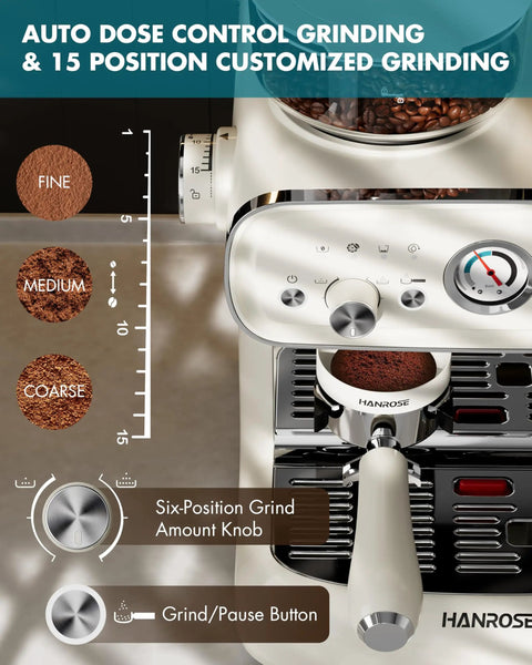 Espresso Machine With Grinder And Milk Frother For Home Use 20 Bar Pressure Vintage Cream Finishing Built In Grinder top view