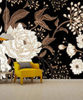 Floral Wall Mural Peonies And Roses In Gold White Vintage Look Seamless Wallpaper 5-Piece Set in living room with yellow chair