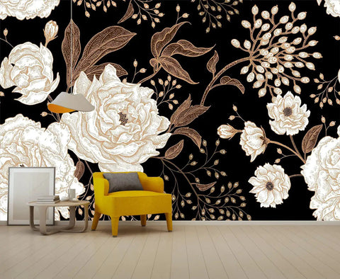 Floral Wall Mural Peonies And Roses In Gold White Vintage Look Seamless Wallpaper 5-Piece Set in living room with yellow chair