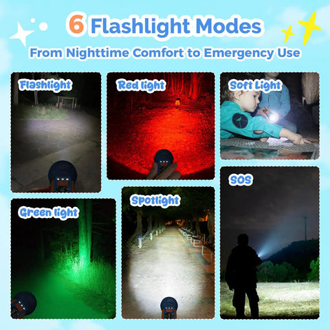 Kid Friendly Rechargeable LED Flashlight With Fun DIY Stickers, 6 Light Modes, Adjustable Brightness, 1500mAh Battery IPX5 Waterproof