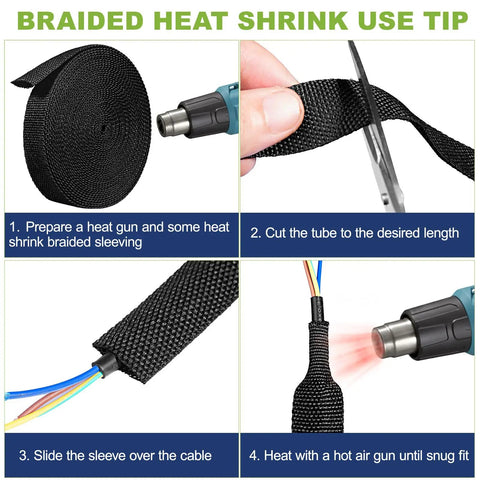 Steps for using 2 To 1 Shrink Ratio Heat Shrink Wire Loom Braided Cable Sleeves with heat gun and scissors shown