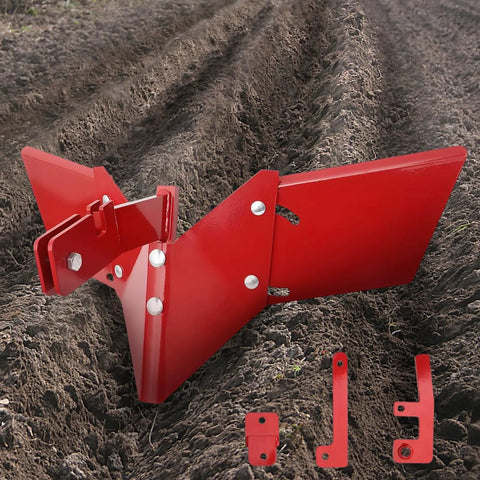 15683 Rear Tine Tiller Furrower Kit with adjustable red wings on cultivated soil, durable tungsten carbide, three connection options