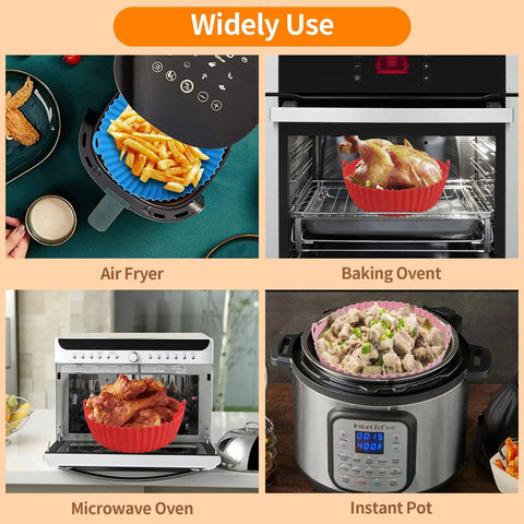 Four images showing Three Pack Silicone Air Fryer Pots 7.5 Inch Basket Reusable Liner in air fryer, baking, microwave, and instant pot.