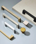 Solid Matte Black 12 Inch Cabinet Handles Set Of 2 For Kitchen Cabinets Drawers And Vanity Doors Heavy Duty Zinc Alloy Hardware With Modern Look And Easy Install mixed with various handle styles and finishes on a display board.