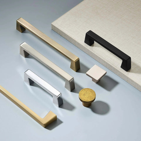 Solid Matte Black 12 Inch Cabinet Handles Set Of 2 For Kitchen Cabinets Drawers And Vanity Doors Heavy Duty Zinc Alloy Hardware With Modern Look And Easy Install mixed with various handle styles and finishes on a display board.
