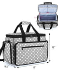 Detachable Dolly Sewing Machine Case With Rolling Tote And Removable Bottom Pad, heavy-duty nylon with gray dots, dimensions marked