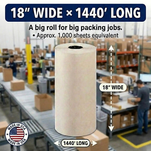 Bulk Packing Paper Roll 18 Inch By 1400 Feet White Newsprint For Moving, Shipping And Storage, displayed in warehouse
