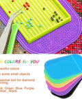 Six Piece Diamond Painting Anti Slip Sticky Mats Set In Six Colors For Keeping Tiny Diamonds In Place While You Craft 5.6 By 3.3 Inch Gel Pad Trays Universal Mount Holder For Adults Art Supplies showing colorful mats and tiny diamonds.
