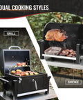 Dual cooking styles with Portable Charcoal Grill With Warming Rack, 303 sq in cooking area, showing grill and smoke features.