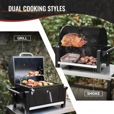 Dual cooking styles with Portable Charcoal Grill With Warming Rack, 303 sq in cooking area, showing grill and smoke features.