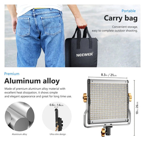 Person holding a carry bag for Dimmable Bi Color LED Video Light With U Bracket For Studio And YouTube Vlog Shoots, showing aluminum alloy frame.
