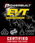 Powerbuilt EVT logo showcasing high voltage certified electric vehicle tools, rated 1000V IEC 60900, against lightning background.