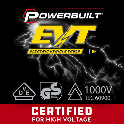 Powerbuilt EVT logo showcasing high voltage certified electric vehicle tools, rated 1000V IEC 60900, against lightning background.