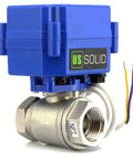 Heavy Duty Built To Last Three Quarter Inch Motorized Ball Valve 304 Stainless Steel NSF Certified Full Port Electrical Nine To Twenty Four Volt AC DC Three Wire Setup For Drinking Water Systems, front view