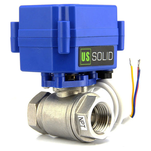 Heavy Duty Built To Last Three Quarter Inch Motorized Ball Valve 304 Stainless Steel NSF Certified Full Port Electrical Nine To Twenty Four Volt AC DC Three Wire Setup For Drinking Water Systems, front view