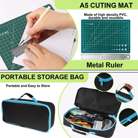 Ultimate 176 Piece Pro Grade 3D Printing Tool Kit with nozzle cleaning kit, cutting mat, metal ruler, and storage bag.