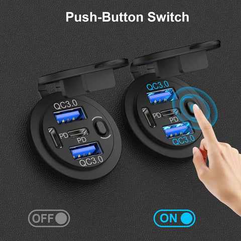 Two Pack 12V USB Car Charger With Four Ports 78W Fast Charge PD3 And QC3 Quick Charge Waterproof Cigarette Lighter Socket On Off