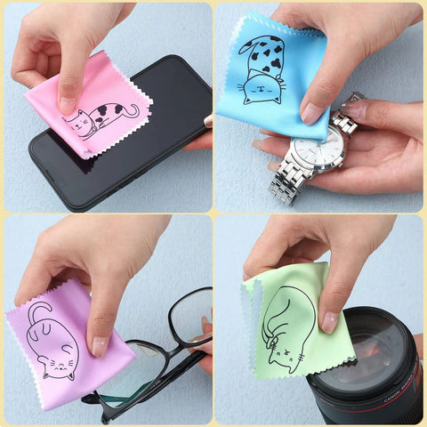 Sinmoe microfiber cleaning cloths with multicolor cat designs, 6x6 inches, for glasses, phones, lenses