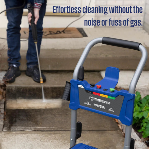 Power Through Mess With This 3400 Max PSI Electric Pressure Washer in use on concrete steps, brushless motor visible