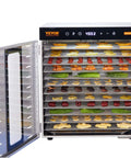 Big Time 1000W Electric Food Dehydrator With 10 Spacious Stainless Steel Trays showcasing a variety of dried fruits and vegetables.