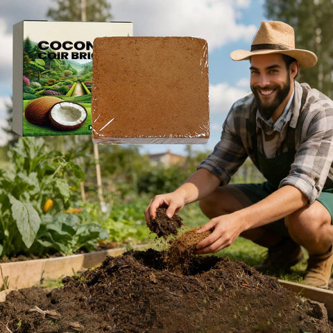 Gardener using Pro Grade Compressed Coir Potting Soil For Indoor And Outdoor Plants With pH Balanced Blend Boosts Drainage And Airflow