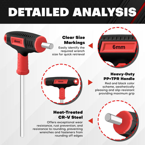 Detailed view of Long Arm T Handle Allen Wrench Set 14 Piece Metric And SAE Hex Keys with 6mm size marking and red-black handle.