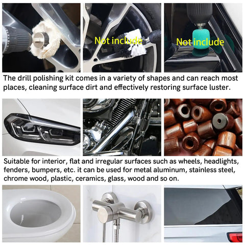 Aluminum Wheel Polishing Kit For Drill Buffing Wheel Set Smooths Car And Motorcycle Rims Stainless Steel Chrome Wood Plastic Ceramic Glass And More 6 Piece Polishing Kit in use on various surfaces