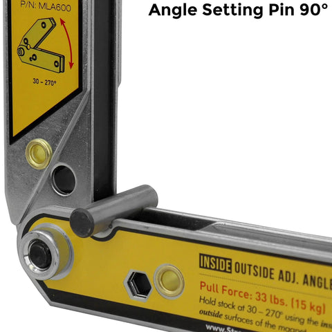 Strong Hand MLA600 adjustable magnetic welding square with inside/outside magnets, angle setting pin, 6 in, 30°–270°.