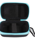 Heavy Duty Semi Hard Carrying Case For Laser Distance Meter With Two Bubble Levels open view, black and teal zippered design with mesh pocket.