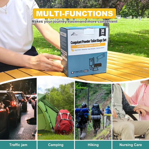 Person holding Portable Camp Toilet Kit With 30 Pack Absorbent Gel Pellets And 30 Drawstring Bags on picnic table outdoors