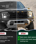 Before and after of Ford F-150 front end showing benefit of Tow Hook Cover Kit For Ford F150 And Bronco Models 2004-2026 With Tremor Orange Silicone Rubber Upgrade For Beefed Up Front End Styling And Quick Easy Install.